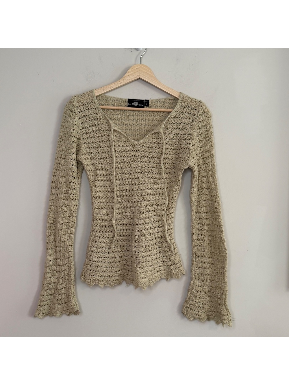 Y2K It’s Our Time Beige Open Knit Crochet Bell Sleeve Top